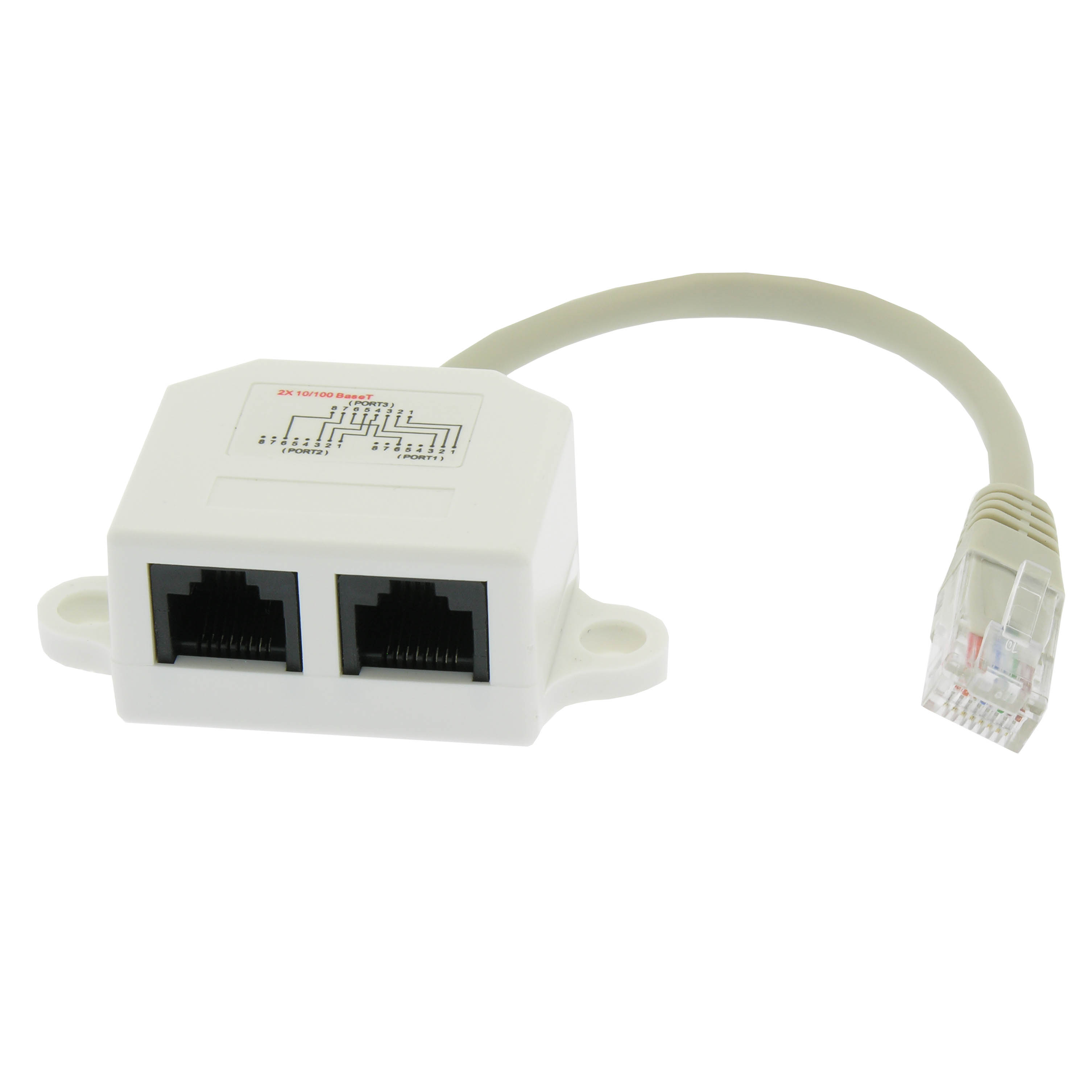 Category 5e 10/100 Base T Splitter Adapters convert one RJ45 4-pair Jack into 2-pair Jacks